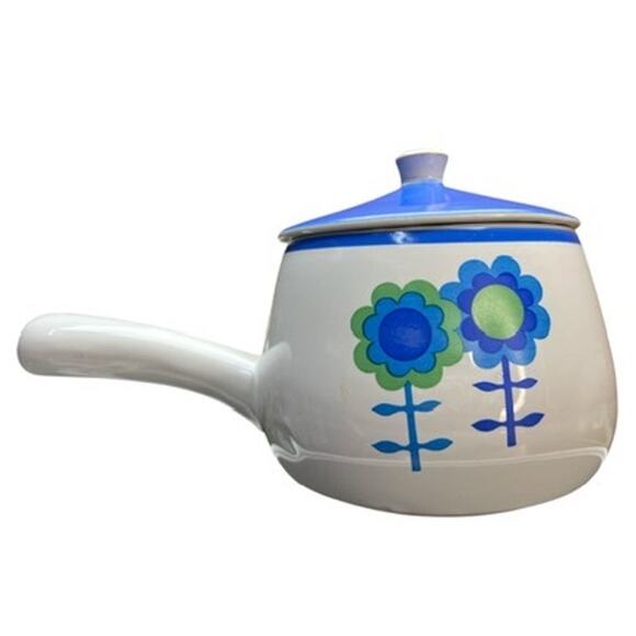 Vintage MCM Floral Decal Ceramic Sauce Pan Lid Blue White Green Cheery Mod Retro - Picture 3 of 11